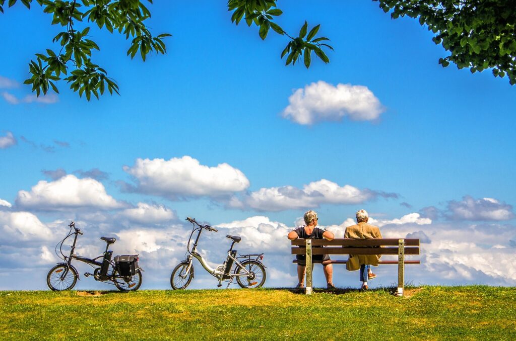 man, woman, bicycle, bike, air, nature, sky, bench, peace, people, couple