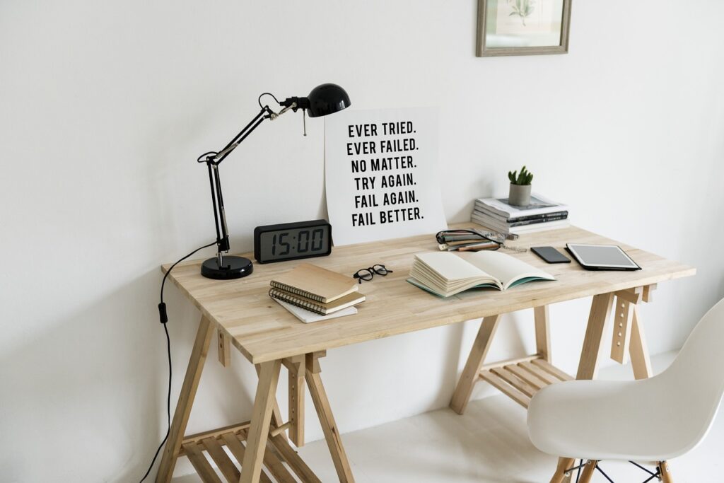 workspace, wooden table, lamp, book, motivation, inspiration, digital devices, digital, devices, tablet, mobile phone, notepad, clock, time, watch, stack, books, magazine, seat, chair, sit, minimal, objects, indoors, lifestyle